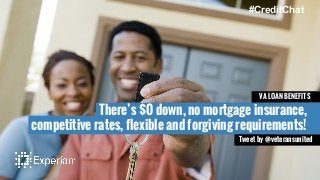 competitive rates, flexible and forgiving requirements!
There’s $0 down, no mortgage insurance,
Tweet by @veteransunited
#CreditChat
VA LOAN BENEFITS
 