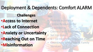Deployment & Dependents: Coordinate
Challenge
• Uncertainty
• Misinformation
• Lack of Connection
• Reaching Out on Time
•...
