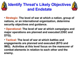 Identify Threat’s Likely Objectives and Endstate Strategic:  The level of war at which a nation, group of nations, or an international organization, determine security objectives and guidance. Operational:  The level of war at which campaigns and major operations are planned and executed (OSC and DTG). Tactical:  The level of war at which battles and engagements are planned and executed (BTG and IMG).  Activities at this level focus on the maneuver of combat elements in relation to each other and the enemy. 