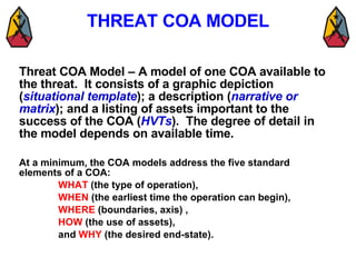 THREAT COA MODEL Threat COA Model – A model of one COA available to the threat.  It consists of a graphic depiction ( situational template ); a description ( narrative or matrix ); and a listing of assets important to the success of the COA ( HVTs ).  The degree of detail in the model depends on available time.  At a minimum, the COA models address the five standard elements of a COA:  WHAT  (the type of operation),  WHEN  (the earliest time the operation can begin),  WHERE  (boundaries, axis) ,  HOW  (the use of assets),  and  WHY  (the desired end-state). 