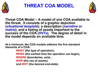 THREAT COA MODEL <ul><li>Threat COA Model – A model of one COA available to the threat.  It consists of a graphic depictio...