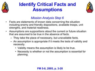 Identify Critical Facts and Assumptions <ul><li>Facts are statements of known data concerning the situation including enem...