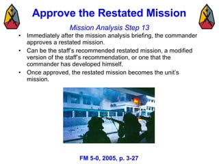 Approve the Restated Mission <ul><li>Immediately after the mission analysis briefing, the commander approves a restated mi...