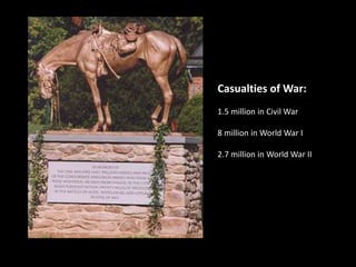 Casualties of War:
1.5 million in Civil War
8 million in World War I
2.7 million in World War II
 