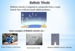 Ballistic Missile
Ballistic missile is targeted as a projectile from a single
launch force with not much added guidance.
Ababeel (MRBM) missile, PakistanAstra missile, IndiaHydra 70 missile, United States
Some examples of Ballistic missiles are :
 