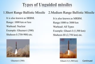 It is also known as SRBM.
Range: 1000 km or less
Warhead: Nuclear
Example: Ghaznavi (300)
Shaheen-I (750-900) etc.
It is also known as MRBM.
Range:1000 to 3000 km
Warhead: All Types
Example: Ghauri-I (1,500 km)
Shaheen-III (2,750 km) etc.
1.Short Range Ballistic Missile
Ghaznavi (300)
2.Medium Range Ballistic Missile
Ghauri-I (1,500 km) Continued
 
