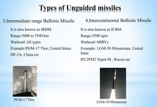 It is also known as IRBM.
Range:3000 to 5500 km
Warhead: All types
Example:PGM-17 Thor, United States
DF-3A, China etc
4.Intercontinental Ballistic Missile
It is also known as ICBM.
Range:5500 upto
Warhead: MIRVs
Example: LGM-30 Minuteman, United
State
RT-2PM2 Topol-M , Russia etc
Types of Unguided missiles
3.Intermediate range Ballistic Missile
PGM-17 Thor
LGM-30 Minuteman
 