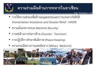 ความร่ วมมือด้ านการทหารในอาเซียน
• การให้ ความช่วยเหลือด้ านมนุษยธรรมและการบรรเทาภัยพิบติ
                              ุ                        ั
  (Humanitarian Assistance and Disaster Relief : HADR)
          ่
• ความมันคงทางทะเล (Maritime Security)
• การต่อต้ านการก่อการร้ าย (Counter - Terrorism)
  การตอตานการกอการราย
• การปฏิบตการรักษาสันติภาพ (Peace Keeping)
       ฏ ัิ
• ความร่วมมือทางการแพทย์ทหาร (Military Medicine)
 