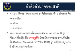 กําลังอํานาจของชาติ
• ตามแนวคิดของ Machiavelli องค์ประกอบหลัก 3 ประการ คือ
   – การเมือง
   – สังคม
   – การทหาร
• ต่อมาแนวความคิดในเรื่ องของพลังอํานาจของชาติ ได้ ถก
  ตอมาแนวความคดในเรองของพลงอานาจของชาต ไดถู
  พัฒนาเพิ่มเติม คือ เศรษฐกิจ โดย นักการทหาร ชาวปรัสเซีย
  ชื่อ Carl von Clausewitz (1780 - 1831) ผู้ซงได้ รับสมญานาม
                                             ่ึ
  วาเปนซุนวูแหงตะวนตก
  ว่าเป็ นซนวแห่งตะวันตก
                                                          37
 