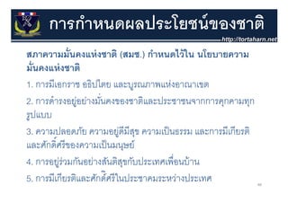 การกําหนดผลประโยชน์ ของชาติ
สภาความมนคงแหงชาต (สมช.) กาหนดไวใน
สภาความมั่นคงแห่ งชาติ (สมช ) กําหนดไว้ ใน นโยบายความ
มั่นคงแห่ งชาติ
1. การมีเอกราช อธิปไตย และบูรณภาพแห่งอาณาเขต
2. การดารงอยู ยางมนคงของชาตและประชาชนจากการคุกคามทุก
2 การดํารงอย่อย่างมันคงของชาติและประชาชนจากการคกคามทก
                     ่
รูปแบบ
3. ความปลอดภัย ความอยูดีมีสข ความเป็ นธรรม และการมีเกียรติ
                             ่ ุ
         ์
และศกดศรของความเปนมนุษย
และศักดิศรี ของความเป็ นมนษย์
4. การอยูร่วมกันอย่างสันติสขกับประเทศเพื่อนบ้ าน
           ่                  ุ
5. การมีเกียรติและศักด์ิศรี ในประชาคมระหว่างประเทศ           48
 