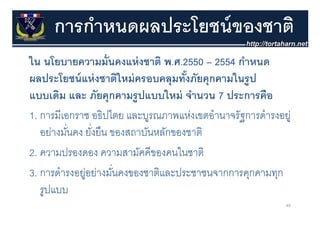 การกําหนดผลประโยชน์ ของชาติ
ใน นโยบายความมั่นคงแห่ งชาติ พ ศ 2550 – 2554 กําหนด
    นโยบายความมนคงแหงชาต พ.ศ.2550             กาหนด
ผลประโยชน์ แห่ งชาติใหม่ ครอบคลุมทังภัยคุกคามในรูป
                                     ้
แบบเดิม และ ภัยคุกคามรูปแบบใหม่ จํานวน 7 ประการคือ
1.
1 การมเอกราช อธปไตย และบูรณภาพแหงเขตอานาจรฐการดารงอยู่
        ี    ช ิปไ                     ่  ํ   ัฐ ํ
   อย่างมันคง ยังยืน ของสถาบันหลักของชาติ
          ่     ่
2. ความปรองดอง ความสามัคคีของคนในชาติ
3. การดํารงอยูอย่างมันคงของชาติและประชาชนจากการคุกคามทุก
              ่      ่
   รูปแบบ
   รปแบบ
                                                       49
 