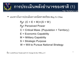 การประเมินพลังอํานาจของชาติ (1)
 • แนวทางในการประเมินทางคณิตศาสตร์ ของ Ray S. Cline
         ใ
                      P p =           C   + E +   M    ×    S +   W
                                  (                   ) (             )
                      P p = P e r c e iv e d P o w e r
                       C = C riti c a l M a s s P o p u l a ti o n + T e r rit o r y
                                             (a b ilit y
                      E = E c o n o m ic C a p
                                                                                       )
                       M      =
                           M ilit a r y C a p a b ilit y
                      S = S tr a t e g ic P u r p o s e
                       W = W ill t o P u r s u e N a ti o n a l S t r a t e g y



ที่มา: world Power Trends and U.S. Foreign for the 1980s, p.13
                                                                                           54
 