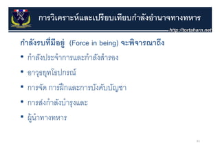 การวิเคราะห์ และเปรี ยบเทียบกําลังอํานาจทางทหาร

กาลงรบทมอยู
กําลังรบที่มีอย่ (Force in being) จะพิจารณาถึง
                                  จะพจารณาถง
• กําลังประจําการและกําลังสํารอง
   กาลงประจาการและกาลงสารอง
• อาวุธยุทโธปกรณ์
• การจัด การฝึ กและการบังคับบัญชา
• การส่งกําลังบํารุงและ
• ผู้นําทางทหาร

                                                  61
 