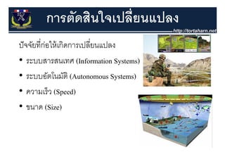 การตัดสินใจเปลี่ยนแปลง
ปจจยทกอใหเกดการเปลยนแปลง
ปั ั ี่ ่ ใ ้ ิ    ป ี่ ป
• ระบบสารสนเทศ (Information Systems)
• ระบบอัตโนมัติ (Autonomous Systems)
                (            y     )
• ความเร็ว (Speed)
• ขนาด (Size)


                                       77
 