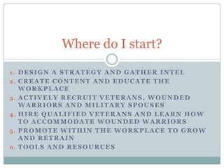 Where do I start?

1. DESIGN A STRATEGY AND GATHER INTEL
2. CREATE CONTENT AND EDUCATE THE
     WORKPLACE
3.   ACTIVELY RECRUIT VETERANS, WOUNDED
     WARRIORS AND MILITARY SPOUSES
4.   HIRE QUALIFIED VETERANS AND LEARN HOW
     TO ACCOMMODATE WOUNDED WARRIORS
5.   PROMOTE WITHIN THE WORKPLACE TO GROW
     AND RETRAIN
6.   TOOLS AND RESOURCES
 