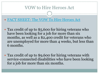 VOW to Hire Heroes Act

 FACT SHEET: The VOW To Hire Heroes Act


 Tax credit of up to $5,600 for hiring veterans who
 have been looking for a job for more than six
 months, as well as a $2,400 credit for veterans who
 are unemployed for more than 4 weeks, but less than
 6 months.

 Tax credit of up to $9,600 for hiring veterans with
 service-connected disabilities who have been looking
 for a job for more than six months.
 