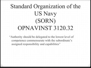 Standard Organization of the
US Navy
(SORN)
OPNAVINST 3120.32
“Authority should be delegated to the lowest level of
competence commensurate with the subordinate’s
assigned responsibility and capabilities”
 