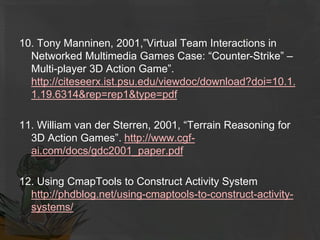 10. Tony Manninen, 2001,”Virtual Team Interactions in
Networked Multimedia Games Case: “Counter-Strike” –
Multi-player 3D Action Game”.
http://citeseerx.ist.psu.edu/viewdoc/download?doi=10.1.
1.19.6314&rep=rep1&type=pdf
11. William van der Sterren, 2001, “Terrain Reasoning for
3D Action Games”. http://www.cgf-
ai.com/docs/gdc2001_paper.pdf
12. Using CmapTools to Construct Activity System
http://phdblog.net/using-cmaptools-to-construct-activity-
systems/
 