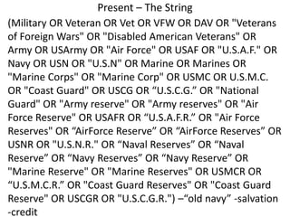 Present – The String
(Military OR Veteran OR Vet OR VFW OR DAV OR "Veterans
of Foreign Wars" OR "Disabled American Veterans" OR
Army OR USArmy OR "Air Force" OR USAF OR "U.S.A.F." OR
Navy OR USN OR "U.S.N" OR Marine OR Marines OR
"Marine Corps" OR "Marine Corp" OR USMC OR U.S.M.C.
OR "Coast Guard" OR USCG OR “U.S.C.G.” OR "National
Guard" OR "Army reserve" OR "Army reserves" OR "Air
Force Reserve" OR USAFR OR “U.S.A.F.R.” OR "Air Force
Reserves" OR “AirForce Reserve” OR “AirForce Reserves” OR
USNR OR "U.S.N.R." OR “Naval Reserves” OR “Naval
Reserve” OR “Navy Reserves” OR “Navy Reserve” OR
"Marine Reserve" OR "Marine Reserves" OR USMCR OR
“U.S.M.C.R.” OR "Coast Guard Reserves" OR "Coast Guard
Reserve" OR USCGR OR "U.S.C.G.R.") –“old navy” -salvation
-credit
 