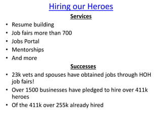 Hiring our Heroes
Services
• Resume building
• Job fairs more than 700
• Jobs Portal
• Mentorships
• And more
Successes
• 23k vets and spouses have obtained jobs through HOH
job fairs!
• Over 1500 businesses have pledged to hire over 411k
heroes
• Of the 411k over 255k already hired
 