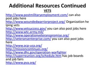 Additional Resources Continued
VETS
http://www.postmilitaryemployment.com/ can also
post jobs here
http://www.woundedwarriorproject.org/ Organization he
lping vets
http://www.vetsuccess.gov/ you can also post jobs here
http://www.wtc.army.mil/
http://www.operationveteranspromise.org/
http://veteransenterprise.com/ you can also post jobs
here
http://www.acp-usa.org/
http://missioncontinues.org/
http://www.dhs.gov/operation-warfighter
http://superreunion.org/schedule.htm has job boards
and job fairs
http://www.pva.org/
 