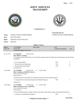 Page of1
05/21/2015
** PROTECTED BY FERPA **
8
LANDIS, STEVEN CHRISTOPHER
XXX-XX-XXXX
Engineman, Second Class (E5)
LANDIS, STEVEN CHRISTOPHER
Transcript Sent To:
Name:
SSN:
Rank:
JOINT SERVICES
TRANSCRIPT
**UNOFFICIAL**
Military Courses
SeparatedStatus:
Military
Course ID
ACE Identifier
Course Title
Location-Description-Credit Areas
Dates Taken ACE
Credit Recommendation Level
Basic Military Training:
X-777-7770
To assimilate recruits into the Navy way of life and to prepare them for further advanced training in specialized Navy
occupations.
NV-2202-0014 28-JUN-1983
First Aid And Safety
Personal Fitness/Conditioning
Personal/Community Health
2 SH
1 SH
1 SH
L
L
L
Boiler Technician (1200 PSI), Class A1:
Boiler Technician, Class A1 (600 PSI):
NV-1710-0084
NV-1710-0001
07-SEP-1984
07-SEP-1984
11-OCT-1984
11-OCT-1984
To train personnel in the operation of components/systems of steam propulsion plants.
To train enlisted personnel to operate, maintain, and repair marine boilers, pumps, and associated machinery.
A-651-0010
A-651-0010
Service School Command
Service School Command
Great Lakes, IL
Great Lakes, IL
Technical Elective In Systems Operations Or Related Programs
Automotive And Mechanical Programs
2 SH
2 SH
L
L
(10/79)(10/79)
(1/82)(1/82)
to
to
 