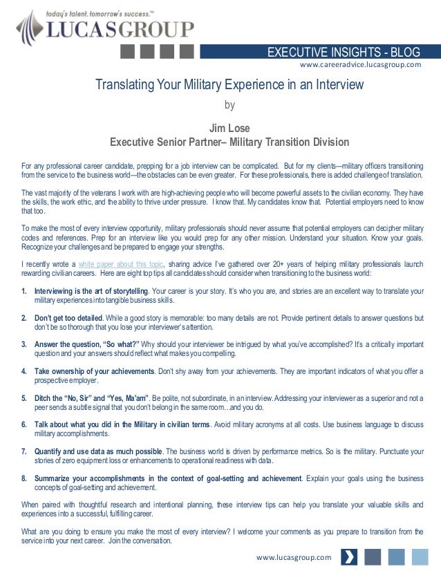 executive insights blog wwwcareeradvicelucasgroupcom translating your military experience in