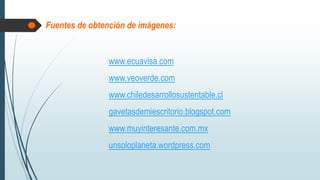 www.ecuavisa.com
www.veoverde.com
www.chiledesarrollosustentable.cl
gavetasdemiescritorio.blogspot.com
www.muyinteresante.com.mx
unsoloplaneta.wordpress.com
Fuentes de obtención de imágenes:
 