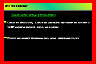 Role of the Military Uphold the sovereignty,  support the constitution and defend the territory of the RP against all enemies,  foreign and domestic Promote and advance the national aims,  goals,  interest and policies In consonance with national objectives 