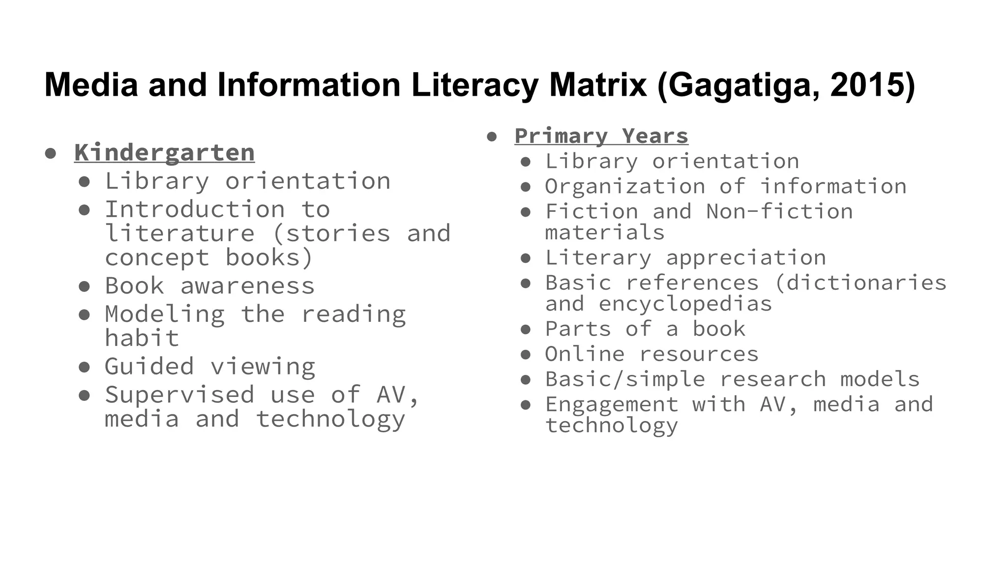 Media and Information Literacy Matrix (Gagatiga, 2015)
● Kindergarten
● Library orientation
● Introduction to
literature (stories and
concept books)
● Book awareness
● Modeling the reading
habit
● Guided viewing
● Supervised use of AV,
media and technology
● Primary Years
● Library orientation
● Organization of information
● Fiction and Non-fiction
materials
● Literary appreciation
● Basic references (dictionaries
and encyclopedias
● Parts of a book
● Online resources
● Basic/simple research models
● Engagement with AV, media and
technology
