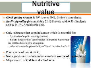  Good quality protein & BV is over 90%. Lysine is abundance.
 Easily digestible fat containing 2.1% linoleic acid, 0.5% linolenic
acid & 0.14% Arachidonic acid.
 Only substance that contain lactose which is essential for:
o Synthesis of myelin sheath(galactose)
o Favors the growth of lacto bacillus in intestine & decrease
the pH thus favoring Ca absorption.
o Also increases the permeability of Small Intestine for Ca+2 .
 Poor source of iron & vit C.
 Not a good source of niacin but excellent source of tryptophan.
 Major source of Calcium & riboflavin.
 