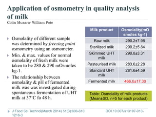 Application of osmometry in quality analysis
of milk
Colin Musara· William Pote
Milk product Osmolality(mO
smoles kg-1)
Raw milk 290.2±7.98
Sterilized milk 290.2±5.84
Skimmed UHT
milk
290.8±3.31
Pasteurised milk 283.6±2.28
Standard UHT
milk
281.6±4.59
Fermented milk 466.0±17.30
Table: Osmolality of milk products
(Mean±SD, n=5 for each product)
 Osmolality of different sample
was determined by freezing point
osmometry using an osmometer.
 Min. & max. values for normal
osmolality of fresh milk were
taken to be 280 & 290 mOsmoles
kg-1.
 The relationship between
osmolality & pH of fermented
milk was was investigated during
spontaneous fermentation of UHT
milk at 37’C fo 48 h.
J Food Sci Technol(March 2014) 51(3):606-610 DOI 10.007/s13197-013-
1216-3
 