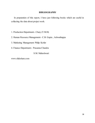 38
BIBLIOGRAPHY
In preparation of this report, I have just following books which are useful in
collecting the data about project work.
1. Production Department:- Chary (T.M.H)
2. Human Resource Management:- C.B. Gupta , Ashwathappa
3. Marketing Management Philip Kotler
4. Finance Department:- Prasanna Chandra
S.M. Maheshwari
www.slideshare.com
 