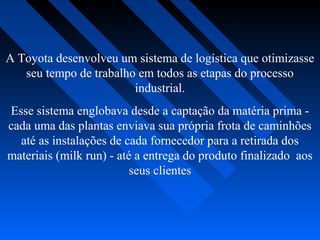 A Toyota desenvolveu um sistema de logística que otimizasse
seu tempo de trabalho em todos as etapas do processo
industrial.
Esse sistema englobava desde a captação da matéria prima -
cada uma das plantas enviava sua própria frota de caminhões
até as instalações de cada fornecedor para a retirada dos
materiais (milk run) - até a entrega do produto finalizado aos
seus clientes
 
