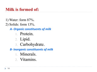 Milk is formed of:
1) Water: form 87%.
2) Solids: form 13%.
A- Organic constituents of milk
1. Protein.
2. Lipid.
3. Carbohydrate.
B- Inorganic constituents of milk
1. Minerals.
2. Vitamins.
14
 