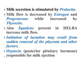  Milk secretion is stimulated by Prolactin.
 Milk flow is decreased by Estrogen and
Progesterone while increased by
Thyroxin.
 Also Squalene present in HELBA
increase milk flow.
 Initiation of lactation may result from
sudden removal of the placenta and other
factors.
 Oxytocin (posterior pituitary hormone)
responsible for milk ejection
3
 
