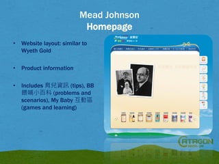 Mead Johnson
Homepage
•

Website layout: similar to
Wyeth Gold

•

Product information

•

Includes 育兒資訊 (tips), BB
餵哺小百科 (problems and
scenarios), My Baby 互動區
(games and learning)

 