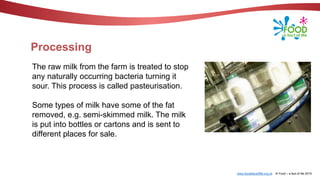 www.foodafactoflife.org.uk © Food – a fact of life 2019
Processing
The raw milk from the farm is treated to stop
any naturally occurring bacteria turning it
sour. This process is called pasteurisation.
Some types of milk have some of the fat
removed, e.g. semi-skimmed milk. The milk
is put into bottles or cartons and is sent to
different places for sale.
 