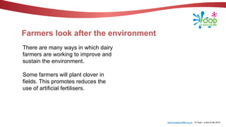 www.foodafactoflife.org.uk © Food – a fact of life 2019
Farmers look after the environment
There are many ways in which dairy
farmers are working to improve and
sustain the environment.
Some farmers will plant clover in
fields. This promotes reduces the
use of artificial fertilisers.
 