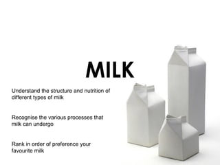 MILK Understand the structure and nutrition of different types of milk Recognise the various processes that milk can undergo Rank in order of preference your favourite milk 