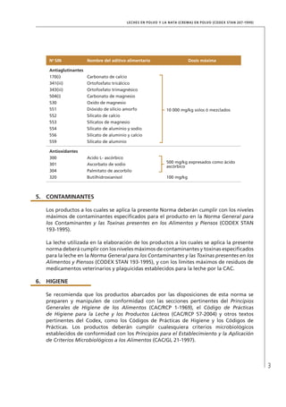 3
LECHES EN POLVO Y LA NATA (CREMA) EN POLVO (CODEX STAN 207-1999)
No
SIN Nombre del aditivo alimentario Dosis máxima
Antiaglutinantes
170(i) Carbonato de calcio
10 000 mg/kg solos ó mezclados
341(iii) Ortofosfato tricálcico
343(iii) Ortofosfato trimagnésico
504(i) Carbonato de magnesio
530 Oxido de magnesio
551 Dióxido de silicio amorfo
552 Silicato de calcio
553 Silicatos de magnesio
554 Silicato de aluminio y sodio
556 Silicato de aluminio y calcio
559 Silicato de aluminio
Antioxidantes
300 Acido L- ascórbico
500 mg/kg expresados como ácido
ascórbico
301 Ascorbato de sodio
304 Palmitato de ascorbilo
320 Butilhidroxianisol 100 mg/kg
5.	 CONTAMINANTES
Los productos a los cuales se aplica la presente Norma deberán cumplir con los niveles
máximos de contaminantes especificados para el producto en la Norma General para
los Contaminantes y las Toxinas presentes en los Alimentos y Piensos (CODEX STAN
193-1995).
La leche utilizada en la elaboración de los productos a los cuales se aplica la presente
norma deberá cumplir con los niveles máximos de contaminantes y toxinas especificados
para la leche en la Norma General para los Contaminantes y las Toxinas presentes en los
Alimentos y Piensos (CODEX STAN 193-1995), y con los límites máximos de residuos de
medicamentos veterinarios y plaguicidas establecidos para la leche por la CAC.
6.	HIGIENE
Se recomienda que los productos abarcados por las disposiciones de esta norma se
preparen y manipulen de conformidad con las secciones pertinentes del Principios
Generales de Higiene de los Alimentos (CAC/RCP 1-1969), el Código de Prácticas
de Higiene para la Leche y los Productos Lácteos (CAC/RCP 57-2004) y otros textos
pertinentes del Codex, como los Códigos de Prácticas de Higiene y los Códigos de
Prácticas. Los productos deberán cumplir cualesquiera criterios microbiológicos
establecidos de conformidad con los Principios para el Establecimiento y la Aplicación
de Criterios Microbiológicos a los Alimentos (CAC/GL 21-1997).
 
