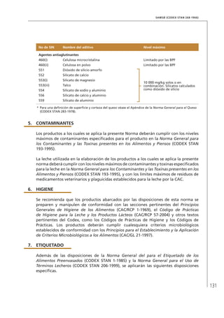 131
SAMSØ (CODEX STAN 268-1966)
No de SIN Nombre del aditivo Nivel máximo
Agentes antiaglutinantes
460(i) Celulosa microcristalina Limitado por las BPF
460(ii) Celulosa en polvo Limitado por las BPF
551 Dióxido de silicio amorfo
10 000 mg/kg solos o en
combinación. Silicatos calculados
como dióxido de silicio
552 Silicato de calcio
553(i) Silicato de magnesio
553(iii) Talco
554 Silicato de sodio y aluminio
556 Silicato de calcio y aluminio
559 Silicato de aluminio
*	 Para una definición de superficie y corteza del queso véase el Apéndice de la Norma General para el Queso
(CODEX STAN 283-1978).
5.	 CONTAMINANTES
Los productos a los cuales se aplica la presente Norma deberán cumplir con los niveles
máximos de contaminantes especificados para el producto en la Norma General para
los Contaminantes y las Toxinas presentes en los Alimentos y Piensos (CODEX STAN
193-1995).
La leche utilizada en la elaboración de los productos a los cuales se aplica la presente
norma deberá cumplir con los niveles máximos de contaminantes y toxinas especificados
para la leche en la Norma General para los Contaminantes y las Toxinas presentes en los
Alimentos y Piensos (CODEX STAN 193-1995), y con los límites máximos de residuos de
medicamentos veterinarios y plaguicidas establecidos para la leche por la CAC.
6.	HIGIENE
Se recomienda que los productos abarcados por las disposiciones de esta norma se
preparen y manipulen de conformidad con las secciones pertinentes del Principios
Generales de Higiene de los Alimentos (CAC/RCP 1-1969), el Código de Prácticas
de Higiene para la Leche y los Productos Lácteos (CAC/RCP 57-2004) y otros textos
pertinentes del Codex, como los Códigos de Prácticas de Higiene y los Códigos de
Prácticas. Los productos deberán cumplir cualesquiera criterios microbiológicos
establecidos de conformidad con los Principios para el Establecimiento y la Aplicación
de Criterios Microbiológicos a los Alimentos (CAC/GL 21-1997).
7.	ETIQUETADO
Además de las disposiciones de la Norma General del para el Etiquetado de los
Alimentos Preenvasados (CODEX STAN 1-1985) y la Norma General para el Uso de
Términos Lecheros (CODEX STAN 206-1999), se aplicarán las siguientes disposiciones
específicas.
 