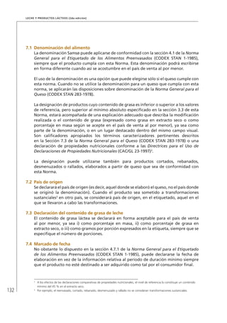 132
Leche y Productos Lácteos (2da edición)
7.1	Denominación del alimento
La denominación Samsø puede aplicarse de conformidad con la sección 4.1 de la Norma
General para el Etiquetado de los Alimentos Preenvasados (CODEX STAN 1-1985),
siempre que el producto cumpla con esta Norma. Esta denominación podrá escribirse
en forma diferente cuando así se acostumbre en el país de venta al por menor.
El uso de la denominación es una opción que puede elegirse sólo si el queso cumple con
esta norma. Cuando no se utilice la denominación para un queso que cumpla con esta
norma, se aplicarán las disposiciones sobre denominación de la Norma General para el
Queso (CODEX STAN 283-1978).
La designación de productos cuyo contenido de grasa es inferior o superior a los valores
de referencia, pero superior al mínimo absoluto especificado en la sección 3.3 de esta
Norma, estará acompañada de una explicación adecuado que describa la modificación
realizada o el contenido de grasa (expresado como grasa en extracto seco o como
porcentaje en masa según se acepte en el país de venta al por menor), ya sea como
parte de la denominación, o en un lugar destacado dentro del mismo campo visual.
Son calificadores apropiados los términos caracterizadores pertinentes descritos
en la Sección 7.3 de la Norma General para el Queso (CODEX STAN 283-1978) o una
declaración de propiedades nutricionales conforme a las Directrices para el Uso de
Declaraciones de Propiedades Nutricionales (CAC/GL 23-1997)2
.
La designación puede utilizarse también para productos cortados, rebanados,
desmenuzados o rallados, elaborados a partir de queso que sea de conformidad con
esta Norma.
7.2	 País de origen
Se declarará el país de origen (es decir, aquel donde se elaboró el queso, no el país donde
se originó la denominación). Cuando el producto sea sometido a transformaciones
sustanciales3
en otro país, se considerará país de origen, en el etiquetado, aquel en el
que se llevaron a cabo las transformaciones.
7.3	Declaración del contenido de grasa de leche
El contenido de grasa láctea se declarará en forma aceptable para el país de venta
al por menor, ya sea i) como porcentaje en masa, ii) como porcentaje de grasa en
extracto seco, o iii) como gramos por porción expresados en la etiqueta, siempre que se
especifique el número de porciones.
7.4	Marcado de fecha
No obstante lo dispuesto en la sección 4.7.1 de la Norma General para el Etiquetado
de los Alimentos Preenvasados (CODEX STAN 1-1985), puede declararse la fecha de
elaboración en vez de la información relativa al período de duración mínimo siempre
que el producto no esté destinado a ser adquirido como tal por el consumidor final.
2 	
A los efectos de las declaraciones comparativas de propiedades nutricionales, el nivel de referencia lo constituye un contenido
mínimo del 45 % en el extracto seco.
3 	
Por ejemplo, el reenvasado, cortado, rebanado, desmenuzado y rallado no se consideran transformaciones sustanciales.
 