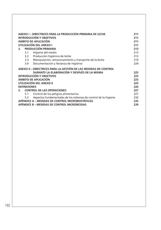 192
ANEXO I – DIRECTRICES PARA LA PRODUCCIÓN PRIMARIA DE LECHE	 211
INTRODUCCIÓN Y OBJETIVOS	 211
ÁMBITO DE APLICACIÓN	 211
UTILIZACIÓN DEL ANEXO I	 211
3.	 PRODUCCIÓN PRIMARIA	 213
3.1	 Higiene del medio	 213
3.2	 Producción higiénica de leche	 213
3.3	 Manipulación, almacenamiento y transporte de la leche	 219
3.4	 Documentación y llevanza de registros	 224
ANEXO II – DIRECTRICES PARA LA GESTIÓN DE LAS MEDIDAS DE CONTROL
DURANTE LA ELABORACIÓN Y DESPUÉS DE LA MISMA	 225
INTRODUCCIÓN Y OBJETIVOS	 225
ÁMBITO DE APLICACIÓN	 225
UTILIZACIÓN DEL ANEXO II	 225
DEFINICIONES 		 226
5.	 CONTROL DE LAS OPERACIONES	 227
5.1	 Control de los peligros alimentarios	 227
5.2	 Aspectos fundamentales de los sistemas de control de la higiene	 232
APÉNDICE A – MEDIDAS DE CONTROL MICROBIOSTÁTICAS	 235
APÉNDICE B – MEDIDAS DE CONTROL MICROBICIDAS	 239
 