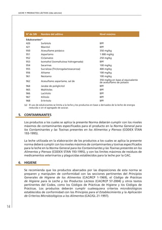 14
Leche y Productos Lácteos (2da edición)
N° de SIN Nombre del aditivo Nivel máximo
Edulcorantes(a)
420 Sorbitols BPF
421 Manitol BPF
950 Acesulfame potásico 350 mg/kg
951 Aspartamo 1 000 mg/kg
952 Ciclamatos 250 mg/kg
953 Isomaltol (isomaltulosa hidrogenada) BPF
954 Sacarinas 100 mg/kg
955 Sucralosa (Triclorogalactosacarosa) 400 mg/kg
956 Alitame 100 mg/kg
961 Neotamo 100 mg/kg
962 Acesulfamo aspartame, sal de
350 mg/kg en base al equivalente
de acesulfamo de potasio
964 Jarabe de poliglicitol BPF
965 Maltitoles BPF
966 Lactitolo BPF
967 Xilitolo BPF
968 Eritritolo BPF
(a)	 El uso de edulcorantes se limita a la leche y los productos en base a derivados de la leche de energía
reducida o sin el agregado de azúcar.
5.	 CONTAMINANTES
Los productos a los cuales se aplica la presente Norma deberán cumplir con los niveles
máximos de contaminantes especificados para el producto en la Norma General para
los Contaminantes y las Toxinas presentes en los Alimentos y Piensos (CODEX STAN
193-1995).
La leche utilizada en la elaboración de los productos a los cuales se aplica la presente
norma deberá cumplir con los niveles máximos de contaminantes y toxinas especificados
para la leche en la Norma General para los Contaminantes y las Toxinas presentes en los
Alimentos y Piensos (CODEX STAN 193-1995), y con los límites máximos de residuos de
medicamentos veterinarios y plaguicidas establecidos para la leche por la CAC.
6.	HIGIENE
Se recomienda que los productos abarcados por las disposiciones de esta norma se
preparen y manipulen de conformidad con las secciones pertinentes del Principios
Generales de Higiene de los Alimentos (CAC/RCP 1-1969), el Código de Prácticas
de Higiene para la Leche y los Productos Lácteos (CAC/RCP 57-2004) y otros textos
pertinentes del Codex, como los Códigos de Prácticas de Higiene y los Códigos de
Prácticas. Los productos deberán cumplir cualesquiera criterios microbiológicos
establecidos de conformidad con los Principios para el Establecimiento y la Aplicación
de Criterios Microbiológicos a los Alimentos (CAC/GL 21-1997).
 