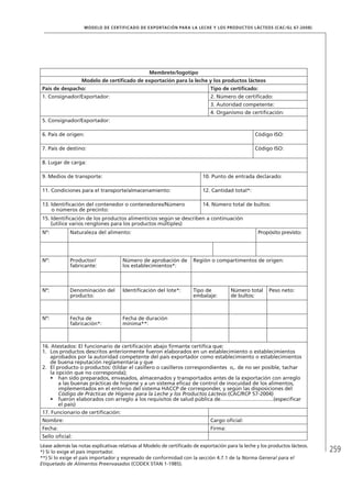 259
MODELO DE CERTIFICADO DE EXPORTACIÓN PARA LA LECHE Y LOS PRODUCTOS LÁCTEOS (Cac/gl 67-2008)
Membrete/logotipo
Modelo de certificado de exportación para la leche y los productos lácteos
País de despacho: Tipo de certificado:
1. Consignador/Exportador: 2. Número de certificado:
3. Autoridad competente:
4. Organismo de certificación:
5. Consignador/Exportador:
6. País de origen: Código ISO:
7. País de destino: Código ISO:
8. Lugar de carga:
9. Medios de transporte: 10. Punto de entrada declarado:
11. Condiciones para el transporte/almacenamiento: 12. Cantidad total*:
13. Identificación del contenedor o contenedores/Número
	 o números de precinto:
14. Número total de bultos:
15. Identificación de los productos alimenticios según se describen a continuación
	 (utilice varios renglones para los productos múltiples)
Nº: Naturaleza del alimento: Propósito previsto:
Nº: Productor/
fabricante:
Número de aprobación de
los establecimientos*:
Región o compartimentos de origen:
Nº: Denominación del
producto:
Identificación del lote*: Tipo de
embalaje:
Número total
de bultos:
Peso neto:
Nº: Fecha de
fabricación*:
Fecha de duración
mínima**:
16. Atestados: El funcionario de certificación abajo firmante certifica que:
1.	 Los productos descritos anteriormente fueron elaborados en un establecimiento o establecimientos
aprobados por la autoridad competente del país exportador como establecimiento o establecimientos
de buena reputación reglamentaria y que
2.	 El producto o productos: (tildar el casillero o casilleros correspondientes o,. de no ser posible, tachar
la opción que no corresponda);
•	 han sido preparados, envasados, almacenados y transportados antes de la exportación con arreglo
a las buenas prácticas de higiene y a un sistema eficaz de control de inocuidad de los alimentos,
implementados en el entorno del sistema HACCP de corresponder, y según las disposiciones del
Código de Prácticas de Higiene para la Leche y los Productos Lácteos (CAC/RCP 57-2004)
•	 fueron elaborados con arreglo a los requisitos de salud pública de....................................(especificar
el país)
17. Funcionario de certificación:
Nombre: Cargo oficial:
Fecha: Firma:
Sello oficial:
Léase además las notas explicativas relativas al Modelo de certificado de exportación para la leche y los productos lácteos.
*) Si lo exige el país importador.
**) Si lo exige el país importador y expresado de conformidad con la sección 4.7.1 de la Norma General para el
Etiquetado de Alimentos Preenvasados (CODEX STAN 1-1985).
 