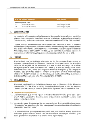 36
Leche y Productos Lácteos (2da edición)
No
de SIN Nombre del aditivo Nivel máximo
Potenciadores del sabor
627 Guanilato de sodio Limitado por las BPF
628 Guanilato de potasio Limitado por las BPF
5.	 CONTAMINANTES
Los productos a los cuales se aplica la presente Norma deberán cumplir con los niveles
máximos de contaminantes especificados para el producto en la Norma General para los
Contaminantes y las Toxinas presentes en los Alimentos y Piensos (CODEX STAN 193-1995).
La leche utilizada en la elaboración de los productos a los cuales se aplica la presente
norma deberá cumplir con los niveles máximos de contaminantes y toxinas especificados
para la leche en la Norma General para los Contaminantes y las Toxinas presentes en los
Alimentos y Piensos (CODEX STAN 193-1995), y con los límites máximos de residuos de
medicamentos veterinarios y plaguicidas establecidos para la leche por la CAC.
6.	HIGIENE
Se recomienda que los productos abarcados por las disposiciones de esta norma se
preparen y manipulen de conformidad con las secciones pertinentes del Principios
Generales de Higiene de los Alimentos (CAC/RCP 1-1969), el Código de Prácticas
de Higiene para la Leche y los Productos Lácteos (CAC/RCP 57-2004) y otros textos
pertinentes del Codex, como los Códigos de Prácticas de Higiene y los Códigos de
Prácticas. Los productos deberán cumplir cualesquiera criterios microbiológicos
establecidos de conformidad con los Principios para el Establecimiento y la Aplicación
de Criterios Microbiológicos a los Alimentos (CAC/GL 21-1997).
7.	ETIQUETADO
Además de las disposiciones de la Norma General para el Etiquetado de los Alimentos
Preenvasados (CODEX STAN 1-1985) y la Norma General para el Uso de Términos
Lecheros (CODEX STAN 206-1999), se aplicarán las siguientes disposiciones específicas.
7.1	Denominación del alimento
7.1.1	La denominación que deberá figurar en la etiqueta será “materia grasa láctea para
untar”. Podrán usarse otras denominaciones si lo permite la legislación nacional en el
país de venta al por menor.
7.1.2	Las materias grasas lácteas para untar con bajo contenido de grasa podrán denominarse
“desgrasadas” de acuerdo con las Directrices para el Uso de Declaraciones Nutricionales
y Saludables (CAC/GL 23-1997).
7.1.3	Las denominaciones y cualquier término calificativo se traducirán a otros idiomas de
una forma que no induzca a error - no necesariamente palabra por palabra -, y de
modo que resulten aceptables en el país de venta al por menor.
 