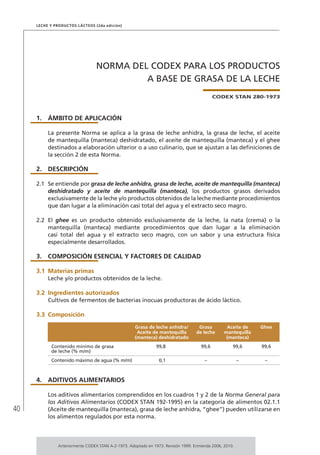 40
Leche y Productos Lácteos (2da edición)
NORMA DEL CODEX PARA LOS PRODUCTOS
A BASE DE GRASA DE LA LECHE
CODEX STAN 280-1973
1.	ÁMBITO DE APLICACIÓN
La presente Norma se aplica a la grasa de leche anhidra, la grasa de leche, el aceite
de mantequilla (manteca) deshidratado, el aceite de mantequilla (manteca) y el ghee
destinados a elaboración ulterior o a uso culinario, que se ajustan a las definiciones de
la sección 2 de esta Norma.
2.	DESCRIPCIÓN
2.1	 Se entiende por grasa de leche anhidra, grasa de leche, aceite de mantequilla (manteca)
deshidratado y aceite de mantequilla (manteca), los productos grasos derivados
exclusivamente de la leche y/o productos obtenidos de la leche mediante procedimientos
que dan lugar a la eliminación casi total del agua y el extracto seco magro.
2.2	 El ghee es un producto obtenido exclusivamente de la leche, la nata (crema) o la
mantequilla (manteca) mediante procedimientos que dan lugar a la eliminación
casi total del agua y el extracto seco magro, con un sabor y una estructura física
especialmente desarrollados.
3.	 COMPOSICIÓN ESENCIAL Y FACTORES DE CALIDAD
3.1	Materias primas
Leche y/o productos obtenidos de la leche.
3.2	Ingredientes autorizados
Cultivos de fermentos de bacterias inocuas productoras de ácido láctico.
3.3	 Composición
4.	ADITIVOS ALIMENTARIOS
Los aditivos alimentarios comprendidos en los cuadros 1 y 2 de la Norma General para
los Aditivos Alimentarios (CODEX STAN 192-1995) en la categoría de alimentos 02.1.1
(Aceite de mantequilla (manteca), grasa de leche anhidra, “ghee”) pueden utilizarse en
los alimentos regulados por esta norma.
Grasa de leche anhidra/
Aceite de mantequilla
(manteca) deshidratado
Grasa
de leche
Aceite de
mantequilla
(manteca)
Ghee
Contenido mínimo de grasa
de leche (% m/m)
99,8 99,6 99,6 99,6
Contenido máximo de agua (% m/m) 0,1 – – –
Anteriormente CODEX STAN A-2-1973. Adoptado en 1973. Revisión 1999. Enmienda 2006, 2010.
 