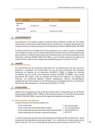 45
LECHES EVAPORADAS (CODEX STAN 281-1971)
No
de SIN Nombre del aditivo Nivel máximo
Espesante
407 Carragenina 150 mg/kg
Emulsionante
322 Lecitinas Limitada por las BPF
5.	 CONTAMINANTES
Los productos a los cuales se aplica la presente Norma deberán cumplir con los niveles
máximos de contaminantes especificados para el producto en la Norma General para los
Contaminantes y las Toxinas presentes en los Alimentos y Piensos (CODEX STAN 193-1995).
La leche utilizada en la elaboración de los productos a los cuales se aplica la presente
norma deberá cumplir con los niveles máximos de contaminantes y toxinas especificados
para la leche en la Norma General para los Contaminantes y las Toxinas presentes en los
Alimentos y Piensos (CODEX STAN 193-1995), y con los límites máximos de residuos de
medicamentos veterinarios y plaguicidas establecidos para la leche por la CAC.
6.	HIGIENE
Se recomienda que los productos abarcados por las disposiciones de esta norma se
preparen y manipulen de conformidad con las secciones pertinentes del Principios
Generales de Higiene de los Alimentos (CAC/RCP 1-1969), el Código de Prácticas
de Higiene para la Leche y los Productos Lácteos (CAC/RCP 57-2004) y otros textos
pertinentes del Codex, como los Códigos de Prácticas de Higiene y los Códigos de
Prácticas. Los productos deberán cumplir cualesquiera criterios microbiológicos
establecidos de conformidad con los Principios para el Establecimiento y la Aplicación
de Criterios Microbiológicos a los Alimentos (CAC/GL 21-1997).
7.	ETIQUETADO
Además de las disposiciones de la Norma General para el Etiquetado de los Alimentos
Preenvasados (CODEX STAN 1-1985) y la Norma General para el Uso de Términos Lecheros
(CODEX STAN 206-1999), se aplicarán las siguientes disposiciones específicas.
7.1	Denominación del alimento
La denominación del alimento deberá ser:
Leche evaporada De conformidad
con la composición
especificada en la
sección 3
Leche evaporada desnatada (descremada)
Leche evaporada parcialmente desnatada (descremada)
Leche evaporada de elevado contenido de grasa
La leche evaporada parcialmente desnatada (descremada) podrá denominarse “leche
evaporada semidesnatada (semidescremada)” si el contenido de materia grasa de la
leche es de 4,0 - 4,5 % y el contenido de extracto seco de la leche es de 24 % m/m.
 