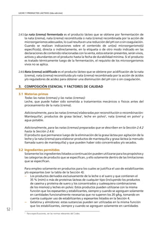 52
Leche y Productos Lácteos (2da edición)
2.4.5	La nata (crema) fermentada es el producto lácteo que se obtiene por fermentación de
la nata (crema), nata (crema) reconstituida o nata (crema) recombinada por la acción de
microorganismos adecuados, lo cual resulta en una reducción del pH con o sin coagulación.
Cuando se realizan indicaciones sobre el contenido de un(os) microorganismo(s)
específico(s), directa o indirectamente, en la etiqueta o de otro modo indicado en las
declaraciones de contenido relacionadas con la venta, estos estarán presentes, serán vivos,
activos y abundantes en el producto hasta la fecha de durabilidad mínima. Si el producto
es tratado térmicamente luego de la fermentación, el requisito de los microorganismos
vivos no se aplica.
2.4.6	Nata (crema) acidificada es el producto lácteo que se obtiene por acidificación de la nata
(crema), nata (crema) reconstituida y/o nata (crema) recombinada por la acción de ácidos
y/o reguladores de acidez para obtener una disminución del pH con o sin coagulación.
3.	 COMPOSICIÓN ESENCIAL Y FACTORES DE CALIDAD
3.1	Materias primas
Todas las natas (cremas) y las natas (cremas):
Leche, que puede haber sido sometida a tratamientos mecánicos o físicos antes del
procesamiento de la nata (crema).
Adicionalmente, para las natas (cremas) elaboradas por reconstitución o recombinación:
Mantequilla2
, productos de grasa láctea2
, leche en polvo2
, nata (crema) en polvo2
y
agua potable.
Adicionalmente, para las natas (cremas) preparadas que se describen en la Sección 2.4.2
hasta la Sección 2.4.6:
El producto que permanece luego de la eliminación de la grasa láctea por agitación de la
leche y la nata (crema) para elaborar productos de mantequilla y grasa láctea (a menudo
llamada suero de mantequilla) y que pueden haber sido concentrados y/o secados.
3.2	Ingredientes permitidos
Solamente los ingredientes listados a continuación pueden utilizarse para los propósitos y
las categorías de producto que se especifican, y ello solamente dentro de las limitaciones
que se especifican.
Para empleo solamente en productos para los cuales se justifica el uso de estabilizantes
y/o espesantes (ver la tabla de la Sección 4):
–	 Los productos derivados exclusivamente de la leche o el suero y que contienen el
35 % (m/m) o más de proteínas lácteas de cualquier tipo (incluyendo los productos
de caseína y proteína de suero y los concentrados y cualesquiera combinaciones
de los mismos) y leches en polvo: Estos productos pueden utilizarse con la misma
función que los espesantes y estabilizantes, siempre y cuando se agreguen solamente
en cantidades funcionalmente necesarias que no superen los 20 g/kg, tomando en
cuenta cualquier uso de estabilizantes y espesantes listados en la Sección 4.
–	 Gelatina y almidones: estas sustancias pueden ser utilizadas en la misma función
que los estabilizantes, siempre y cuando se agreguen solamente en cantidades
2	
Para especificaciones, ver las normas relevantes del Codex.
 